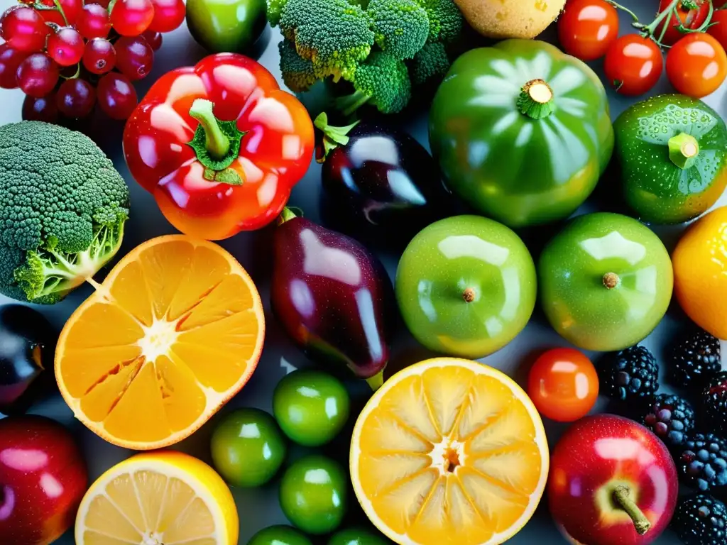 Una composición artística de frutas y verduras frescas y vibrantes, con gotas de rocío brillando en sus superficies
