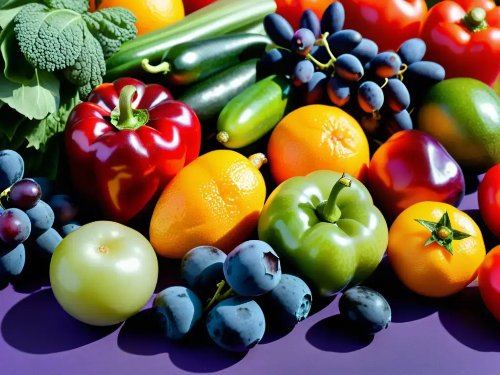 Exquisita variedad de frutas y verduras frescas Una composición artística de frutas y verduras frescas, vibrantes y coloridas, que fortalecen el sistema inmunológico con su vitalidad y frescura