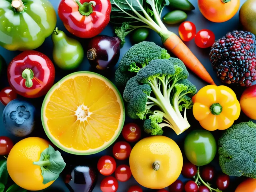 Exuberante variedad de frutas y verduras para inmunidad Una composición artística de frutas y verduras frescas y vibrantes con gotas de agua brillantes