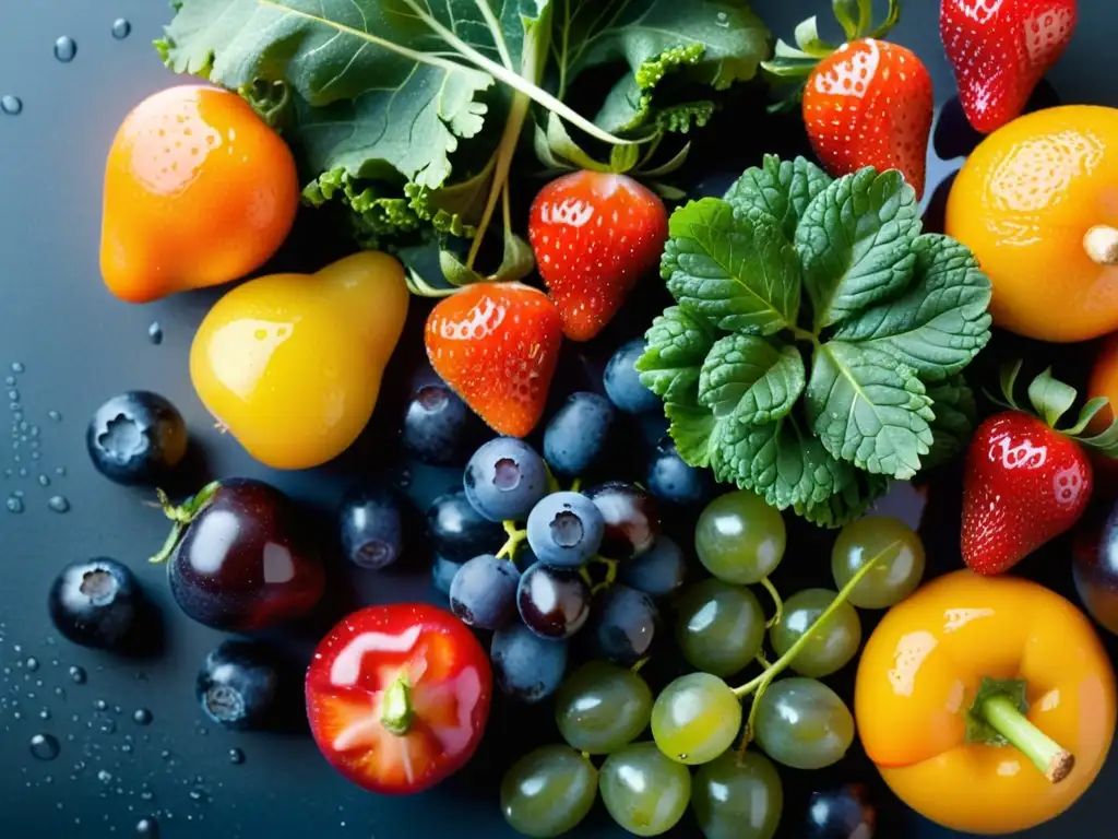 Vibrante variedad de frutas y verduras: inmunidad natural Una composición artística de frutas y verduras frescas, con colores vibrantes y gotas de agua