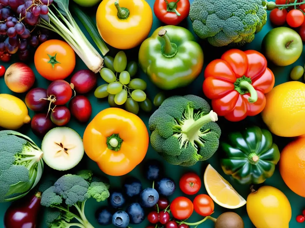Frescura y color: una vibrante exhibición de frutas y verduras Una composición artística de frutas y verduras coloridas que exudan frescura y abundancia, promoviendo la nutrición para enfermedades autoinmunes