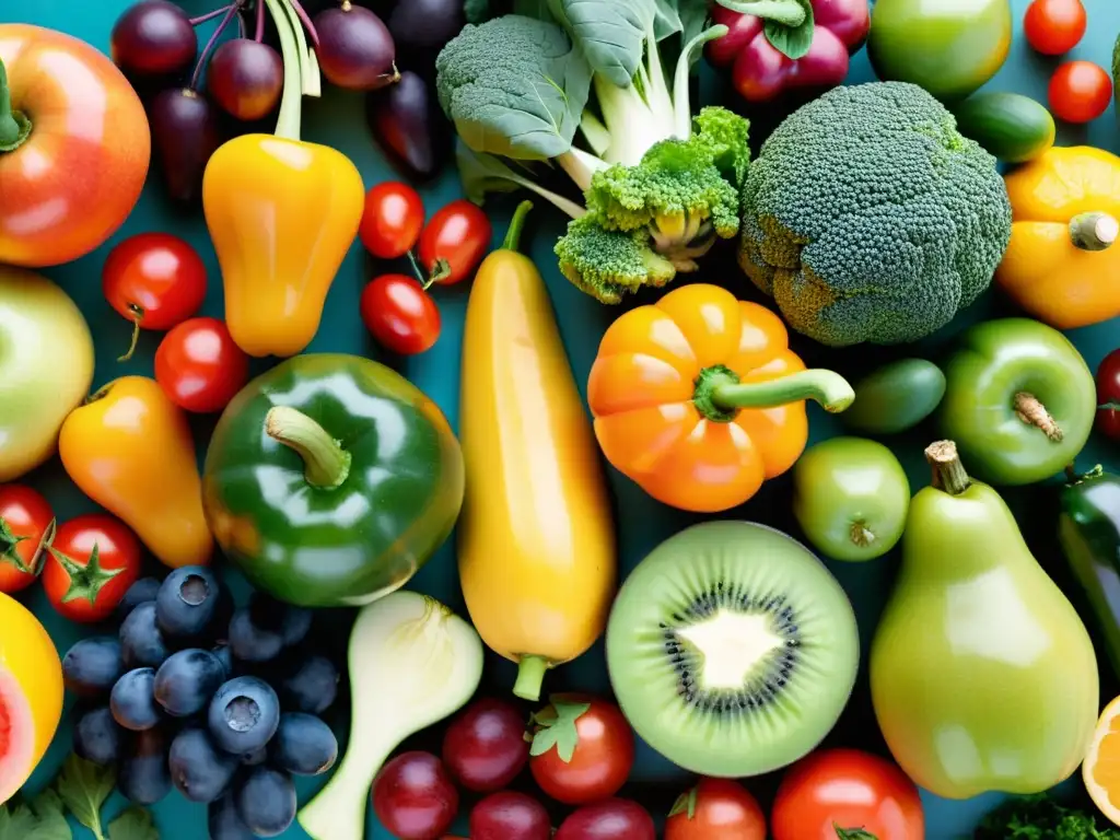 Variedad de Frutas y Verduras para una Salud Vibrante Una composición artística de frutas y verduras frescas, vibrantes y variadas, transmitiendo vitalidad y salud