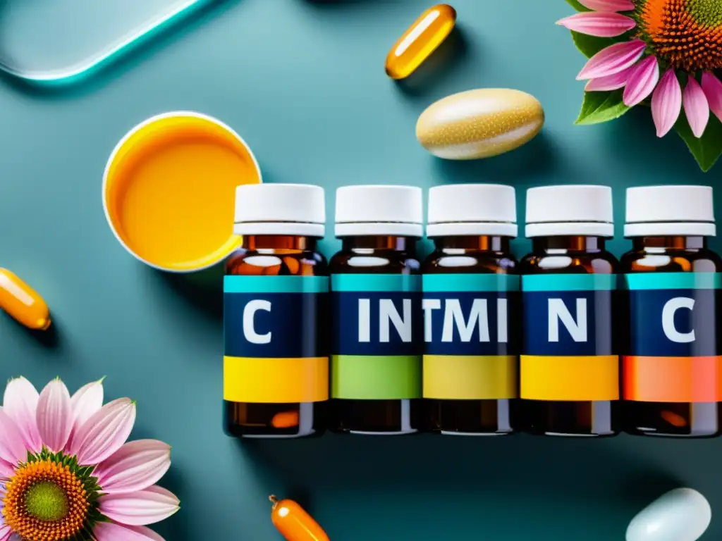 Suplementos Naturales: Inmunidad Vibrante Una composición artística de suplementos naturales para fortalecer el sistema inmunológico, con colores vibrantes y etiquetas claras