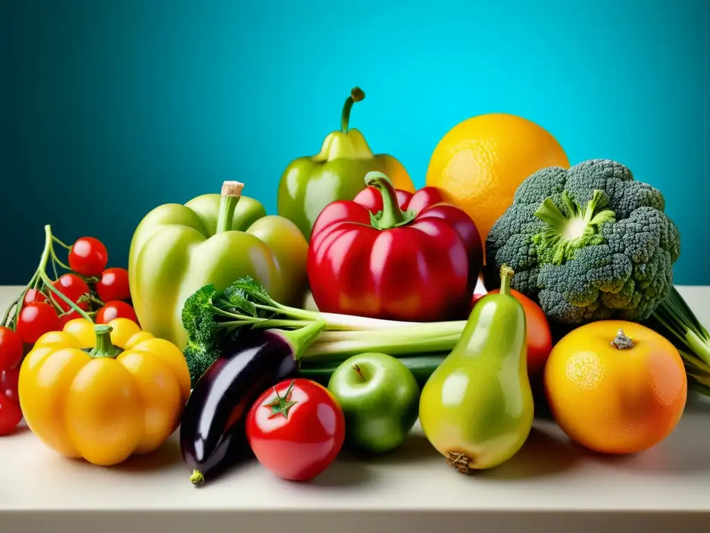 Arte vibrante de frutas y verduras: diversidad y color Una composición artística y vibrante de frutas y verduras, ideal para dieta especializada para fortalecer sistema inmunológico