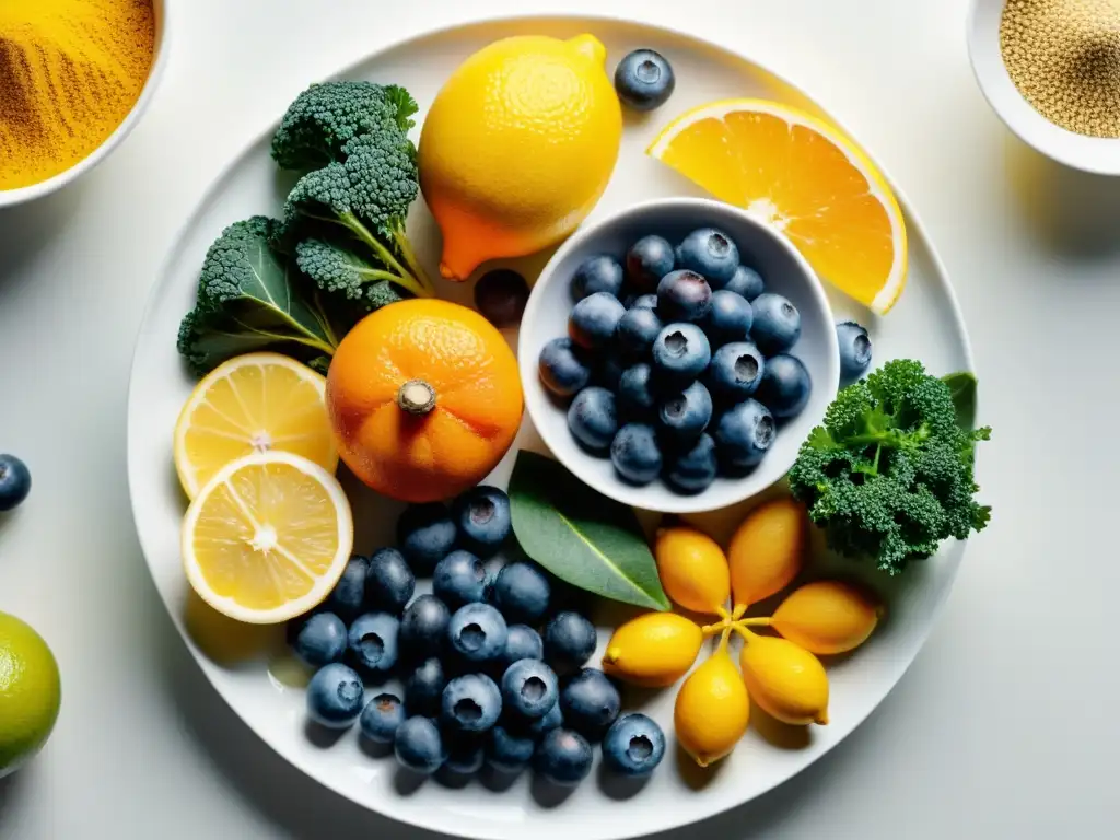 Superfoods: Ricos en color y vitalidad Una composición asombrosa de alimentos potenciadores del sistema inmunológico, brillantes y coloridos, dispuestos con armonía en un plato blanco