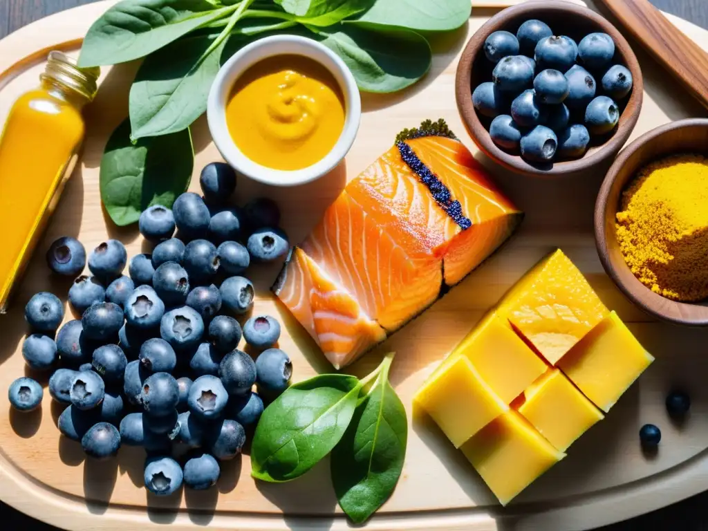 Alimentos Antiinflamatorios: Frescura y Color en Detalle Una composición detallada y colorida de alimentos antiinflamatorios sobre tabla de madera