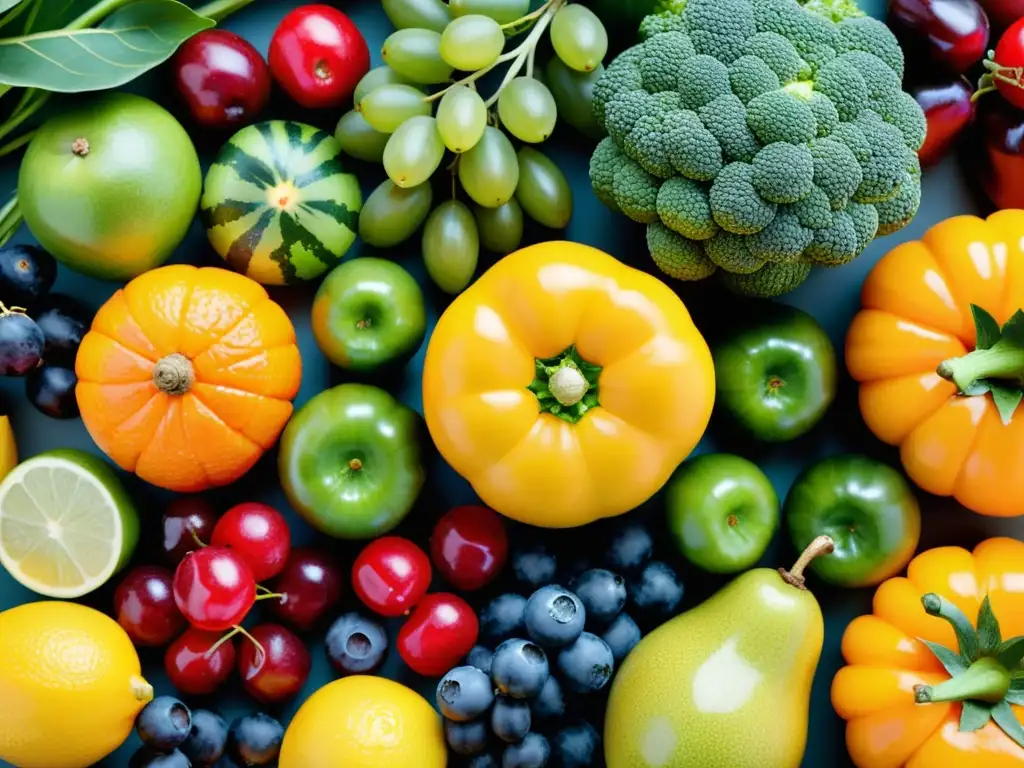 Arte natural: Frutas y verduras vibrantes en detalle Una composición detallada de frutas y verduras coloridas, resaltando la importancia del equilibrio para el sistema inmunológico