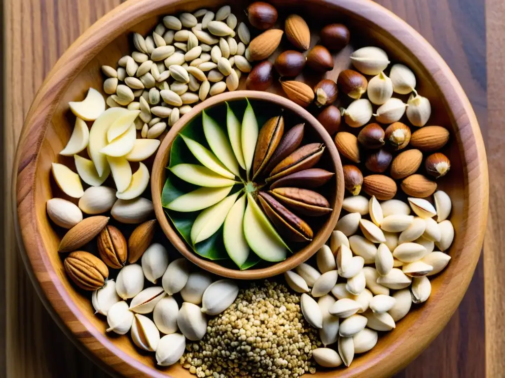 Variado mosaico de frutos secos y semillas en tabla de madera Una composición detallada de frutos secos y semillas en un patrón circular en una tabla de cortar de madera