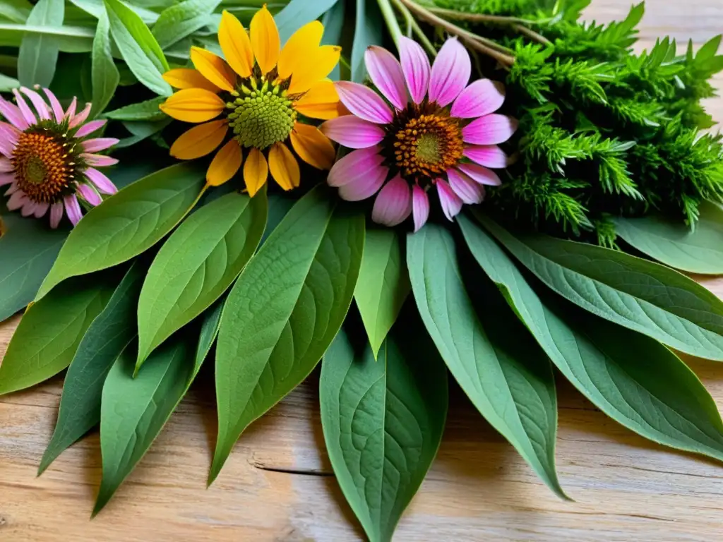 Detalles vibrantes de hierbas saludables en madera Una composición detallada de hierbas coloridas y variadas, como equinácea, jengibre, cúrcuma y ginseng, sobre una superficie de madera rústica