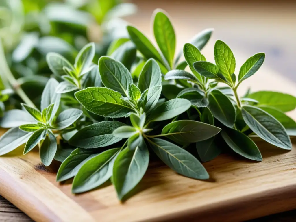 Herb Garden: Detalles frescos y vibrantes Una composición detallada de hierbas frescas y vibrantes en una tabla de cortar de madera rústica