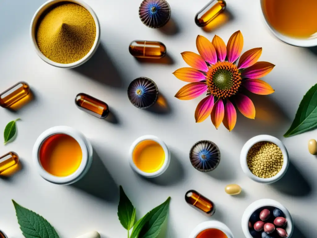 Suplementos Naturales: Detalles Vibrantes Una composición detallada de suplementos naturales para fortalecer el sistema inmunológico, con colores vibrantes y texturas ricas, iluminada suavemente por la luz natural