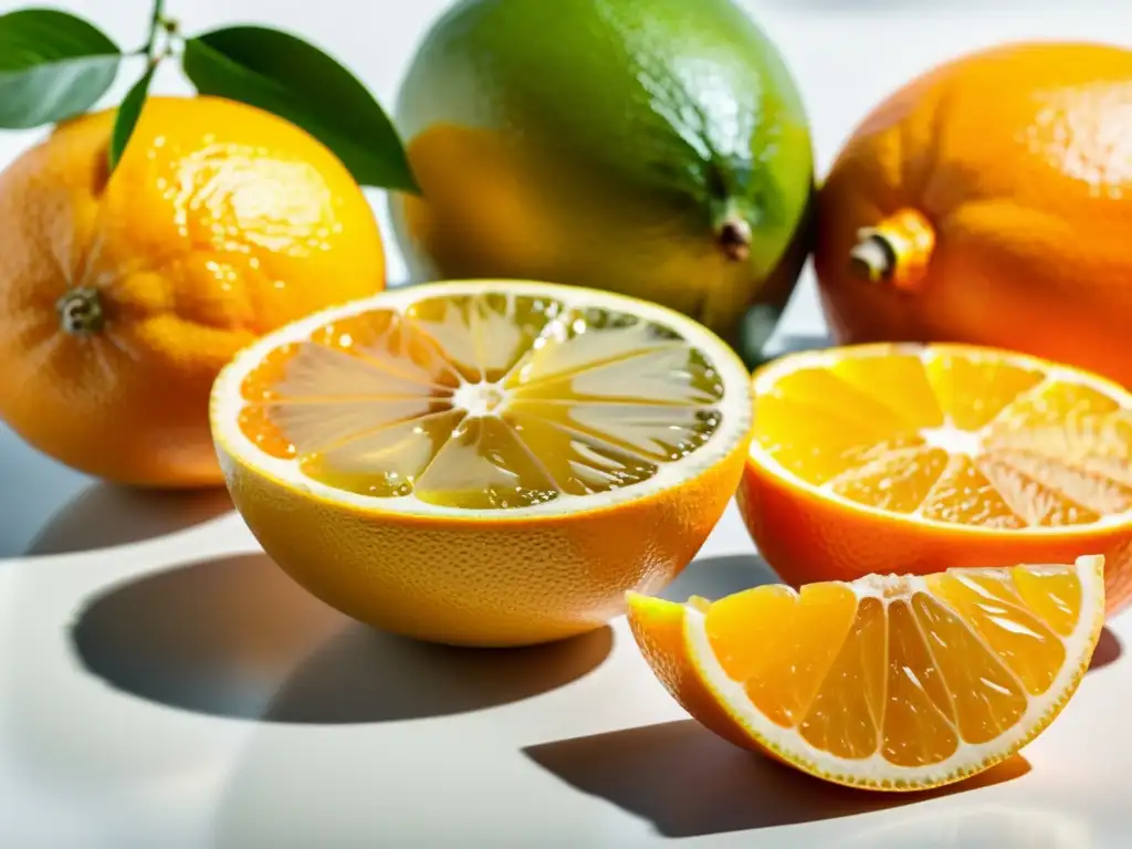 Vitaminas C: Potencia tu inmunidad con estilo Una composición detallada de suplementos de vitamina C y frutas cítricas frescas en un entorno moderno y luminoso