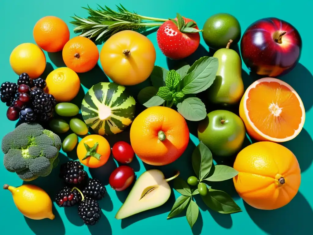 Variada y vibrante selección de alimentos saludables'Este título destaca la diversidad y vitalidad de los alimentos, atrayendo la atención del lector hacia la imagen de manera atractiva y precisa, además de resaltar la relevancia para el SEO al incluir la Una composición detallada y vibrante de frutas, verduras y hierbas, estrategias personalizadas sistema inmunitario