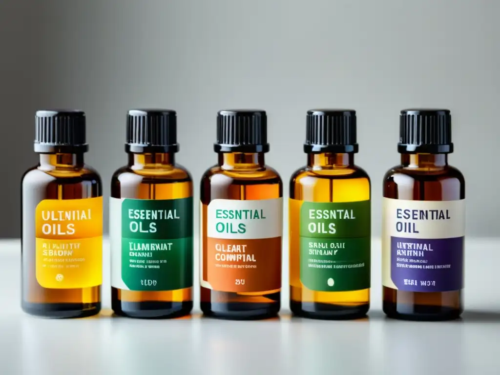 Esencias naturales en botellas de vidrio Una composición elegante de aceites esenciales en modernos frascos de vidrio, con etiquetas detalladas y colores vibrantes