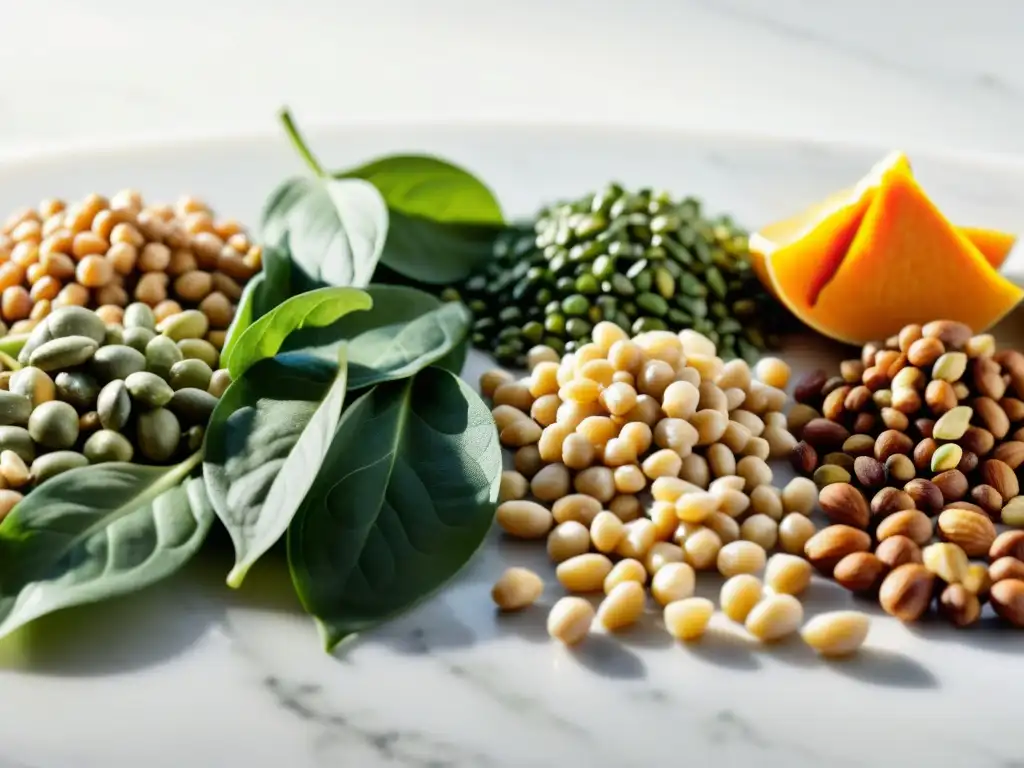 Variedad de alimentos ricos en zinc: frescura y sofisticación Una composición elegante de alimentos ricos en zinc sobre una encimera de mármol, irradiando frescura y sofisticación