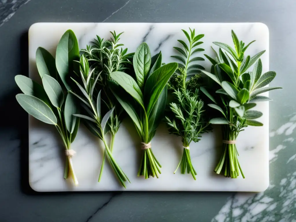 Exquisita frescura: Hierbas aromáticas en detalle Una composición exquisita de hierbas antivirales para sistema inmunológico, frescas y vibrantes, sobre una elegante tabla de mármol