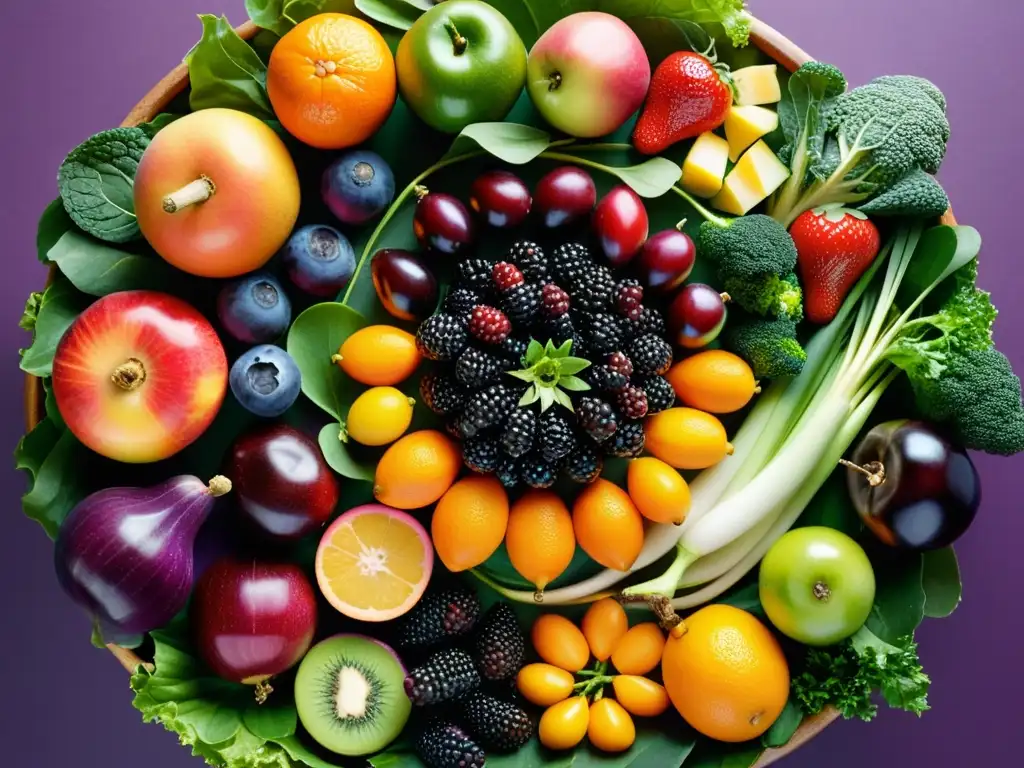 Arcoíris de Frutas y Verduras: Detalles Vibrantes Una composición circular de frutas y vegetales coloridos con detalles meticulosos, exudando frescura y vitalidad