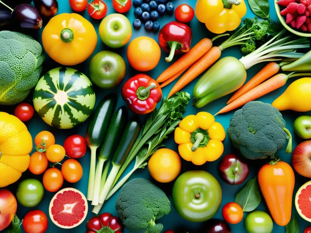 Patrón vibrante de frutas y verduras frescas con rocío Una composición de frutas y verduras frescas y coloridas, con gotas de rocío, promoviendo la alimentación para fortalecer sistema inmunológico