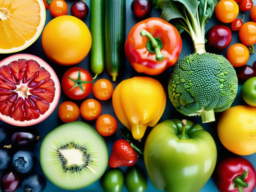 Una composición de frutas y verduras frescas, coloridas y detalladas, bañadas en luz natural