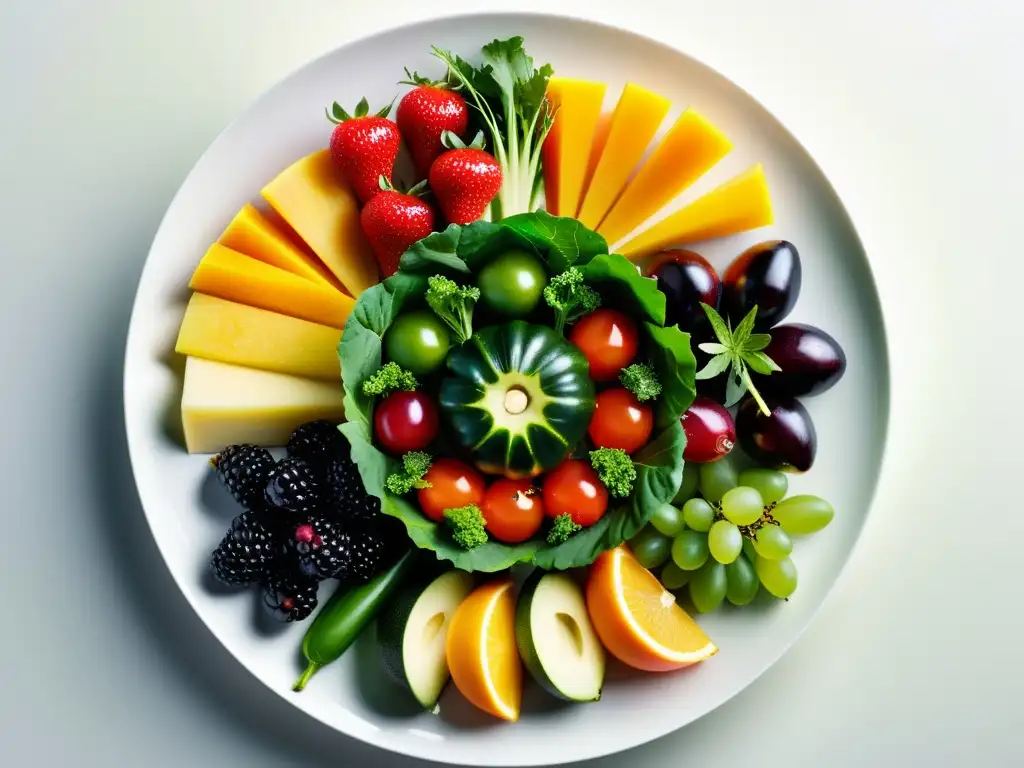 Exquisita variedad de frutas y verduras en plato blanco Una composición de frutas y verduras vibrantes en un plato blanco, destacando su frescura y variedad