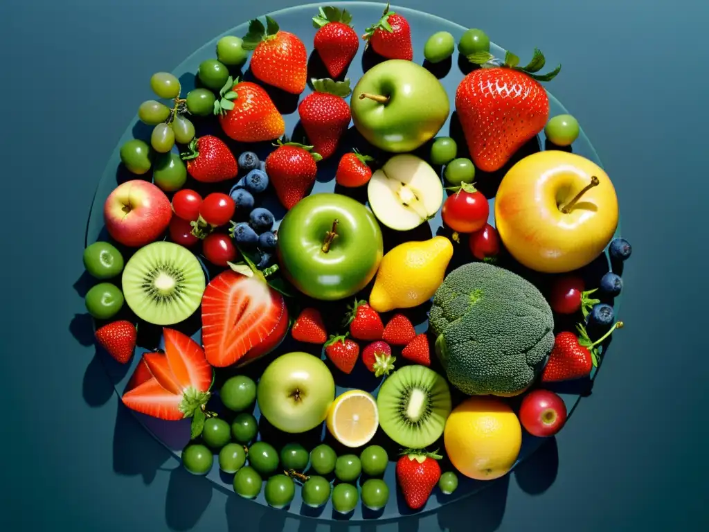 Exquisita variedad de frutas y verduras en círculo Una composición circular de frutas y verduras vibrantes, con detalles nítidos y colores vivos