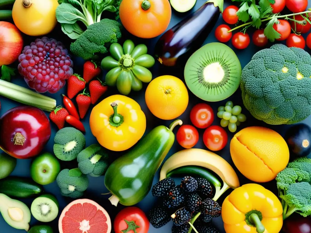 Arte vibrante de frutas y verduras para prebióticos y probióticos Una composición visualmente impactante de frutas y verduras, resaltando los beneficios combinados probióticos prebióticos