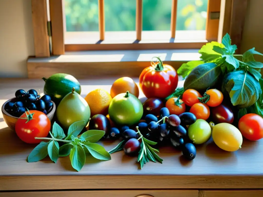 Delicias Mediterráneas: Frutas y Verduras en una Mesa de Madera Una composición visualmente impactante de frutas y verduras mediterráneas frescas y coloridas, iluminadas por el cálido sol