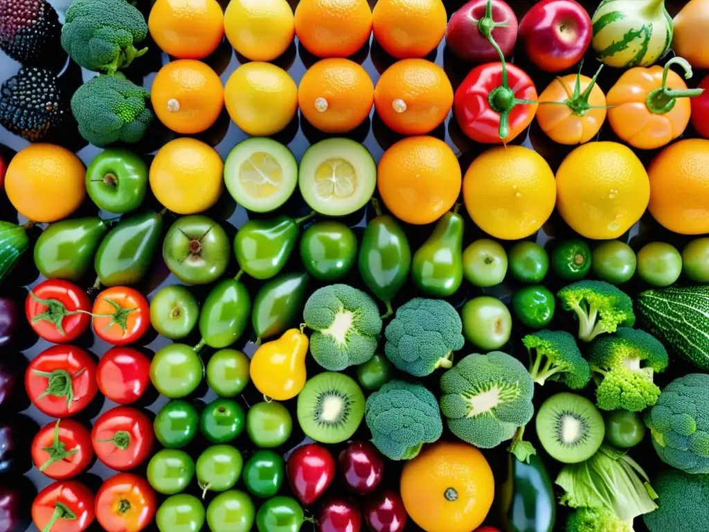 Una composición visualmente impresionante de frutas y verduras frescas, con gotas de agua brillando