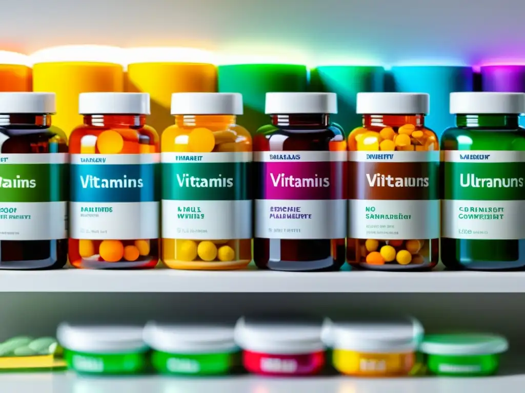 Suplementos nutricionales: detalle vibrante Una composición impresionante de suplementos para reforzar sistema inmunológico, organizados en un moderno mostrador blanco