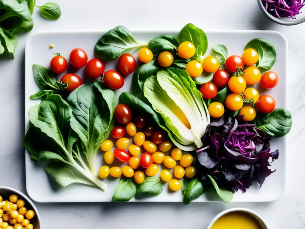 Ensalada fresca y colorida en tabla de mármol Una composición de ingredientes frescos para ensaladas, resaltando colores y texturas