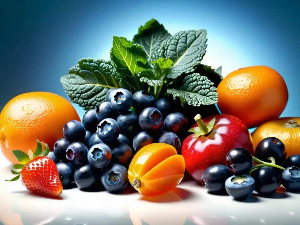 Exuberante variedad de frutas y verduras antioxidantes Una composición moderna y llamativa de frutas y verduras antioxidantes en detalle, ideal para una alimentación para sistema inmunológico optimizado
