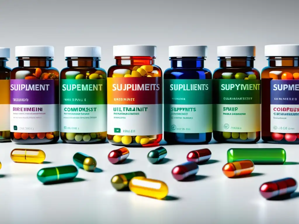 Suplementos de colores para una vida saludable Una composición moderna de suplementos coloridos sobre una mesa blanca, transmitiendo la idea de integrar suplementos para fortalecer inmunidad