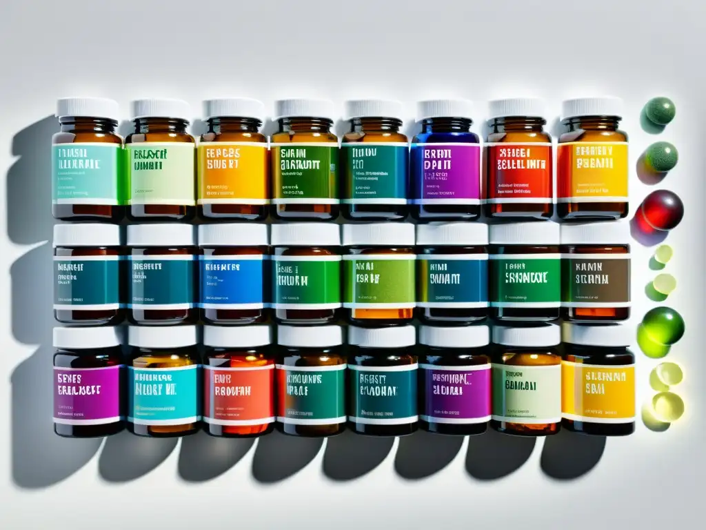 Suplementos coloridos: moderna composición en detalle Una composición moderna de suplementos coloridos sobre superficie blanca