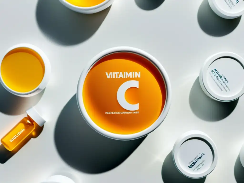 Suplementos de vitamina C: Detalles vibrantes Una composición moderna de suplementos de vitamina C para inmunidad, mostrando detalles nítidos y colores vibrantes