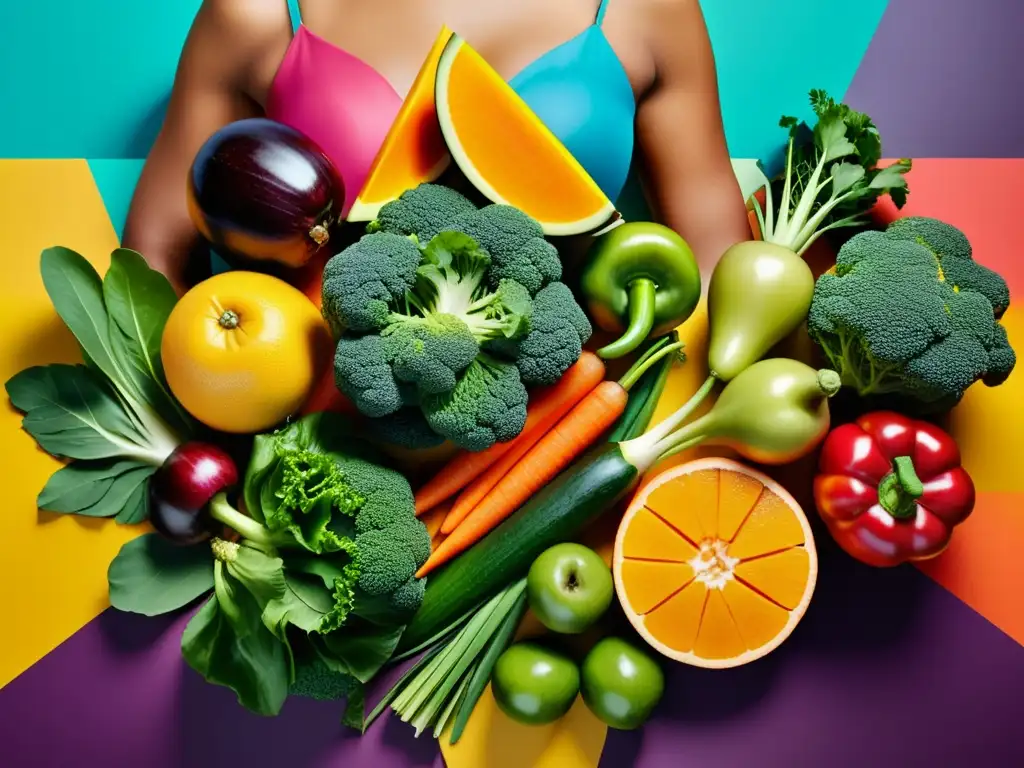Patrón geométrico de frutas y verduras frescas: inmunidad y arte Una composición moderna y vibrante de frutas y verduras, destacando la conexión entre la nutrición y la salud inmune