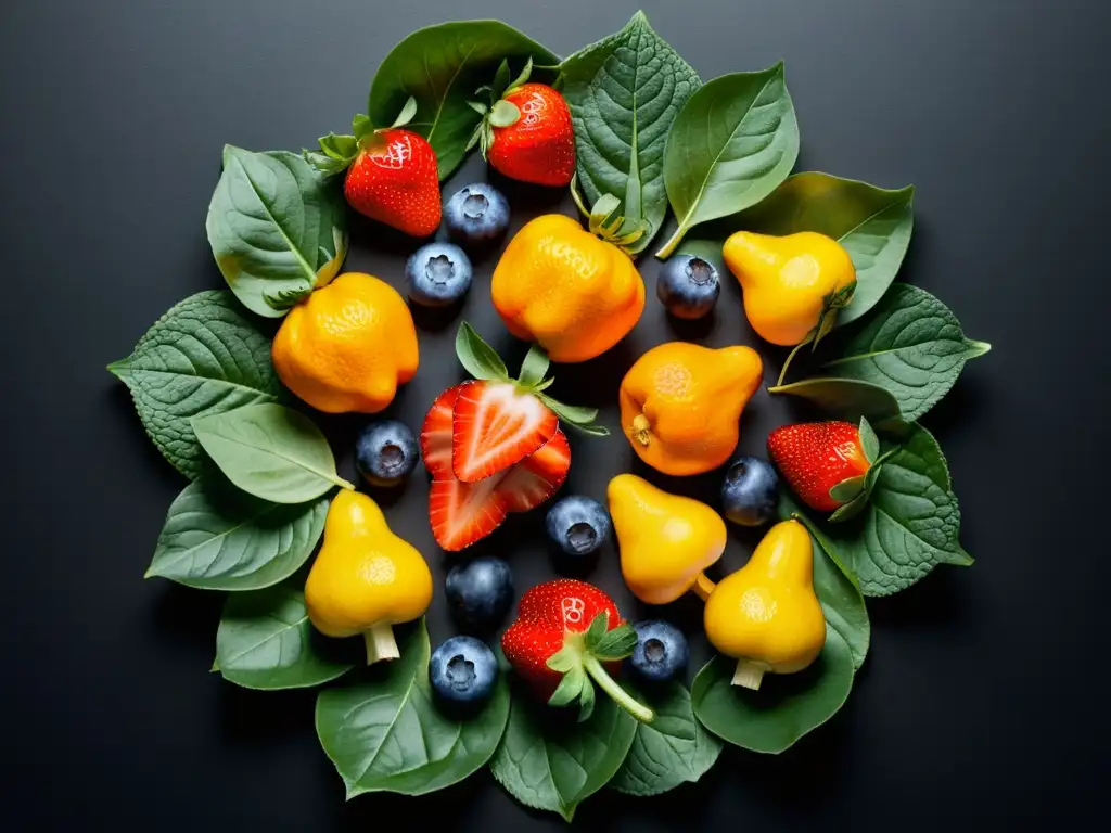 Exuberante frescura: Detalles vibrantes de frutas y verduras Una composición moderna y vibrante de frutas y verduras resalta su frescura y vitalidad
