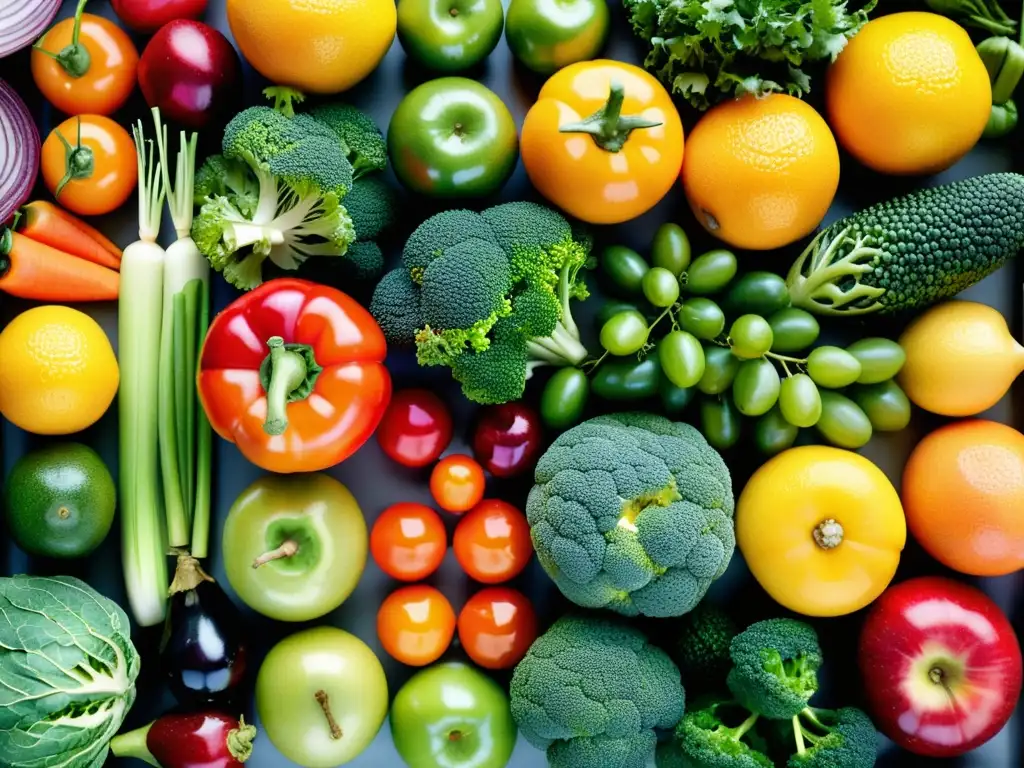 Exuberante exhibición de frutas y verduras frescas Una composición simétrica de frutas y verduras frescas, con colores vibrantes y texturas variadas