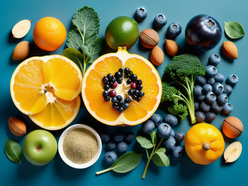 Composición vibrante de alimentos saludables en alta definición Una composición simétrica de frutas, verduras, frutos secos y semillas, con colores vibrantes y texturas variadas