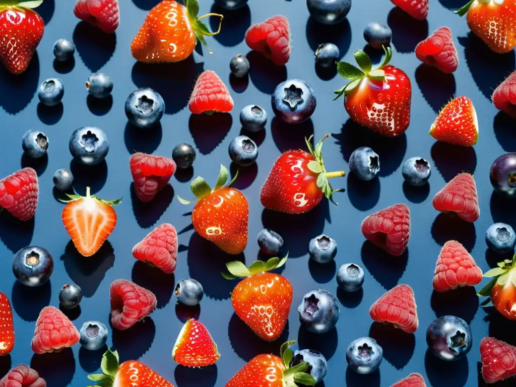 Deliciosas bayas frescas: armonía de colores Una composición simétrica de jugosas bayas, resaltando su vitalidad y colores