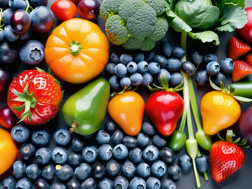 Patrón vibrante de frutas y verduras antioxidantes Una composición simétrica y vibrante de frutas y verduras antioxidantes, resaltando la importancia de antioxidantes en el sistema inmunológico