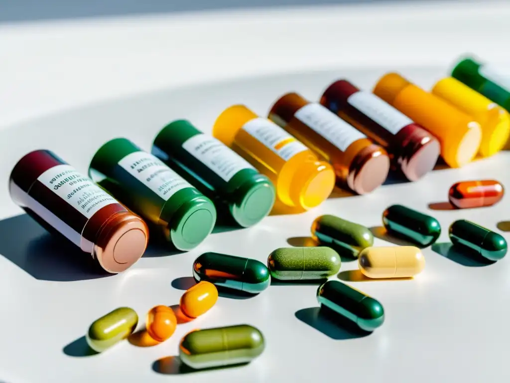 Suplementos Coloridos Para la Vitalidad Una composición de suplementos coloridos para reforzar el sistema inmunológico, organizados con precisión en una superficie blanca