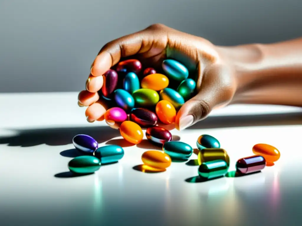 Suplementos y vitaminas: precisión y color Una composición de suplementos coloridos y vitaminas en una mano, sobre una superficie blanca