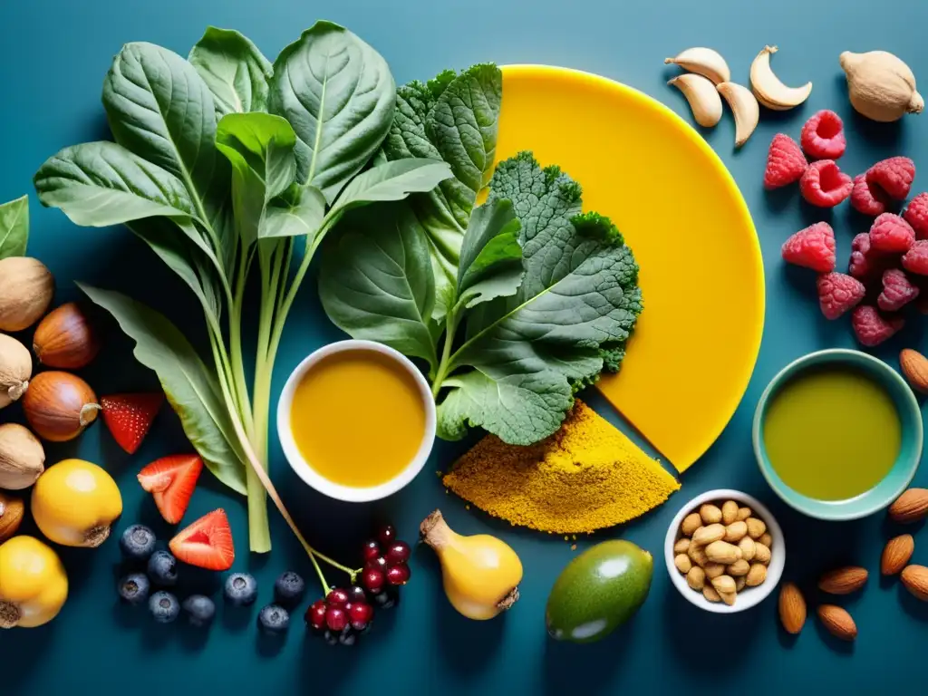Vibrante variedad de alimentos antiinflamatorios Una composición vibrante de alimentos antiinflamatorios, evocando frescura y vitalidad para promover una dieta antiinflamatoria y fortalecer el sistema inmunológico
