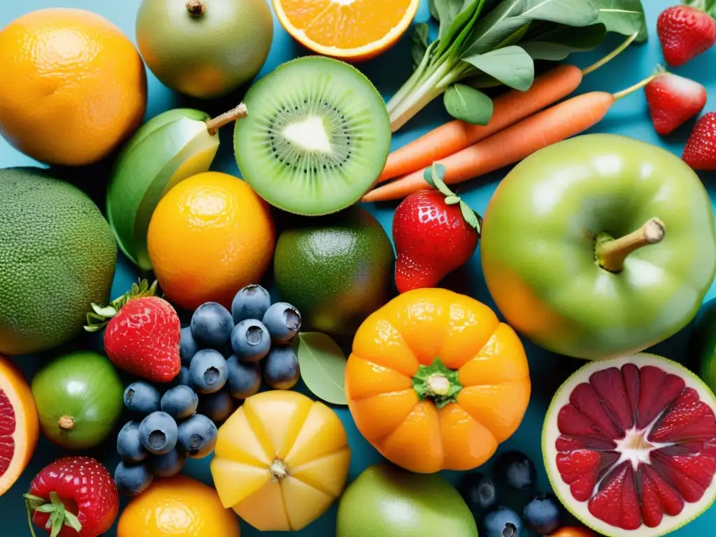 Vibrante variedad de alimentos saludables Una composición vibrante de alimentos fortalecedores del sistema inmunológico, como naranjas, kiwi, espinacas, zanahorias y bayas