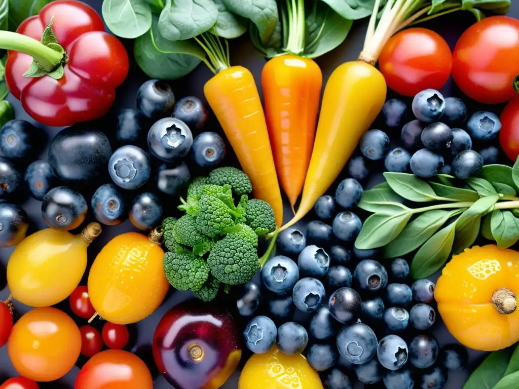 Exuberante exhibición de frutas y verduras frescas en alta definición Una composición vibrante de alimentos fortalecedores del sistema inmunológico, con frutas y verduras frescas en detalle ultrarrealista
