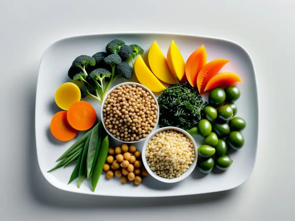 Una composición vibrante de alimentos macrobióticos naturales en plato blanco