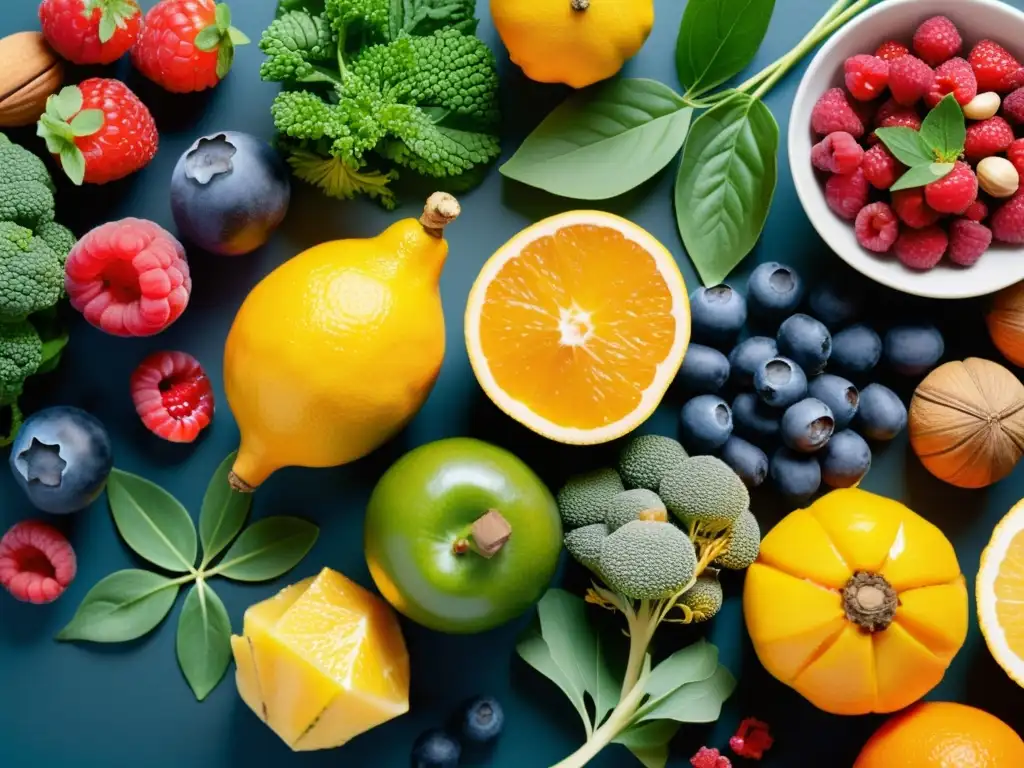 Superfoods para una salud vibrante Una composición vibrante de alimentos potenciadores del sistema inmunológico, que exuda vitalidad y salud a través de sus colores y texturas naturales