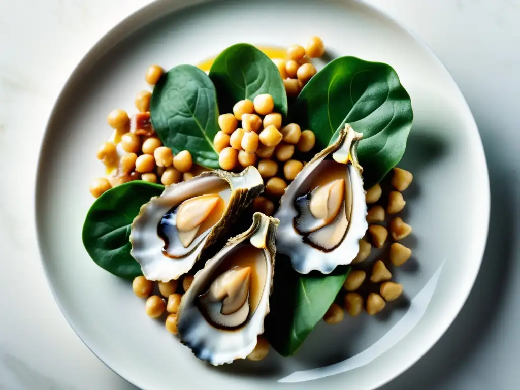 Deliciosas fuentes de zinc: ostras, carne, garbanzos Una composición vibrante de alimentos ricos en zinc, como ostras, carne, garbanzos, anacardos y espinacas, en un plato blanco moderno