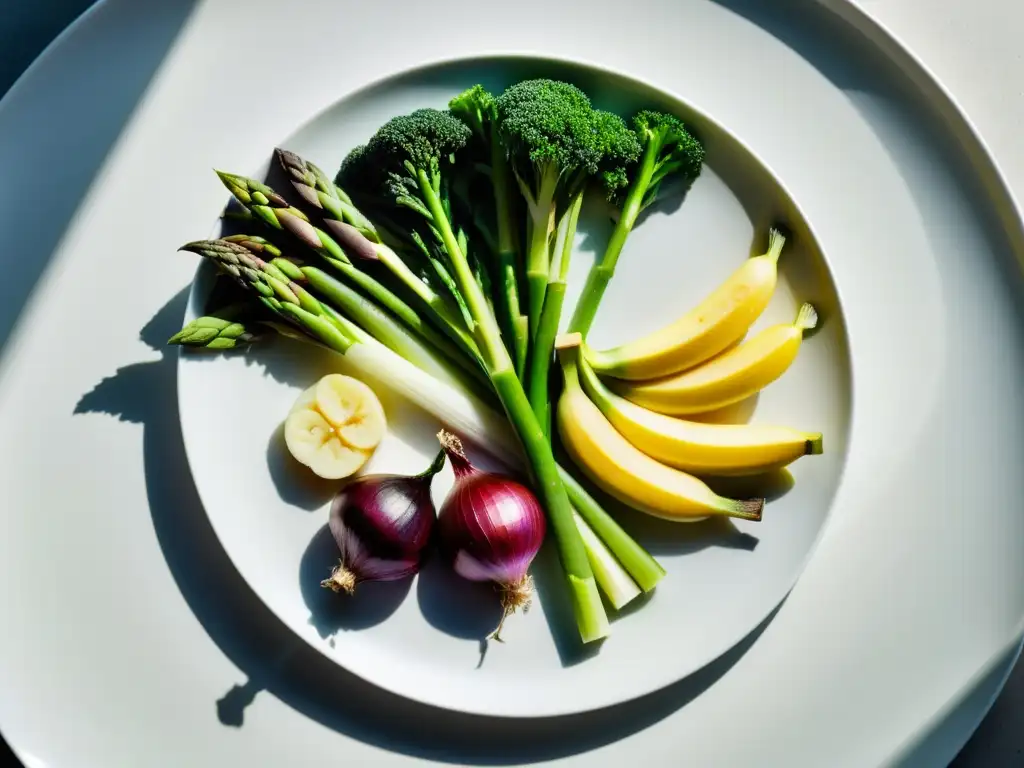 Vibrante selección de alimentos prebióticos en plato blanco Una composición vibrante de alimentos ricos en prebióticos como cebollas, ajo, plátanos, puerros y espárragos, dispuestos en un plato blanco con iluminación suave