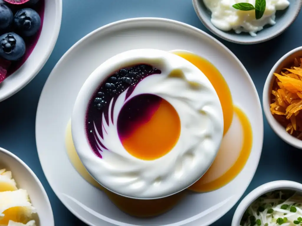 Alimentos probióticos: una explosión de colores y texturas Una composición vibrante de alimentos ricos en probióticos, como yogur, kéfir, kimchi, chucrut y kombucha